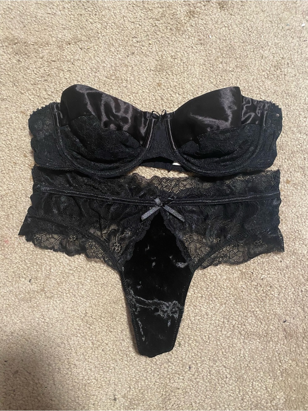 Satin & Lace Black Balconette Bra with Matching Lace Thong
